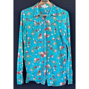 Roper Western Floral Snap Front Shirt Soft Colorful Womens XL Turquoise Blue